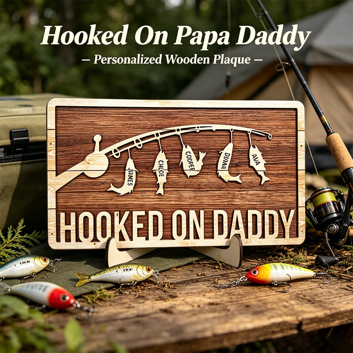 Personalized "Hooked On Papa" Wooden Plaque – 2-Layer Gift For Daddy