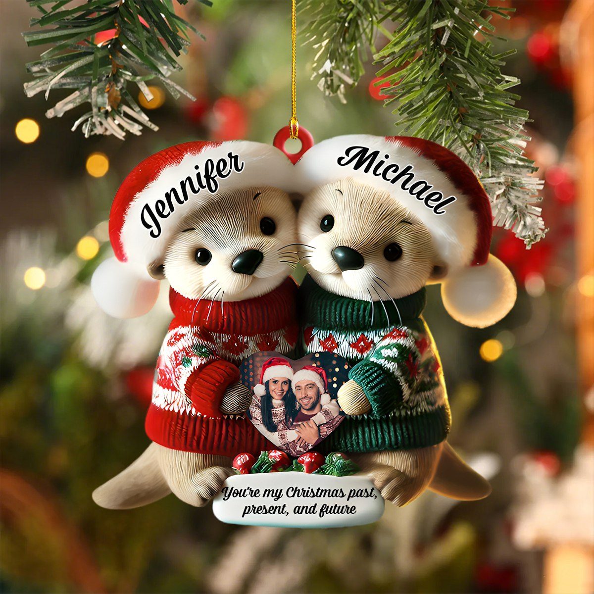 Custom Name & Photo Christmas Otter Couple Personalized Ornament