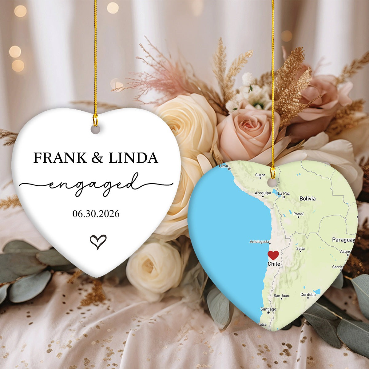 Engagement Ornament - Custom Map Personalized Heart-shaped Ceramic Ornament