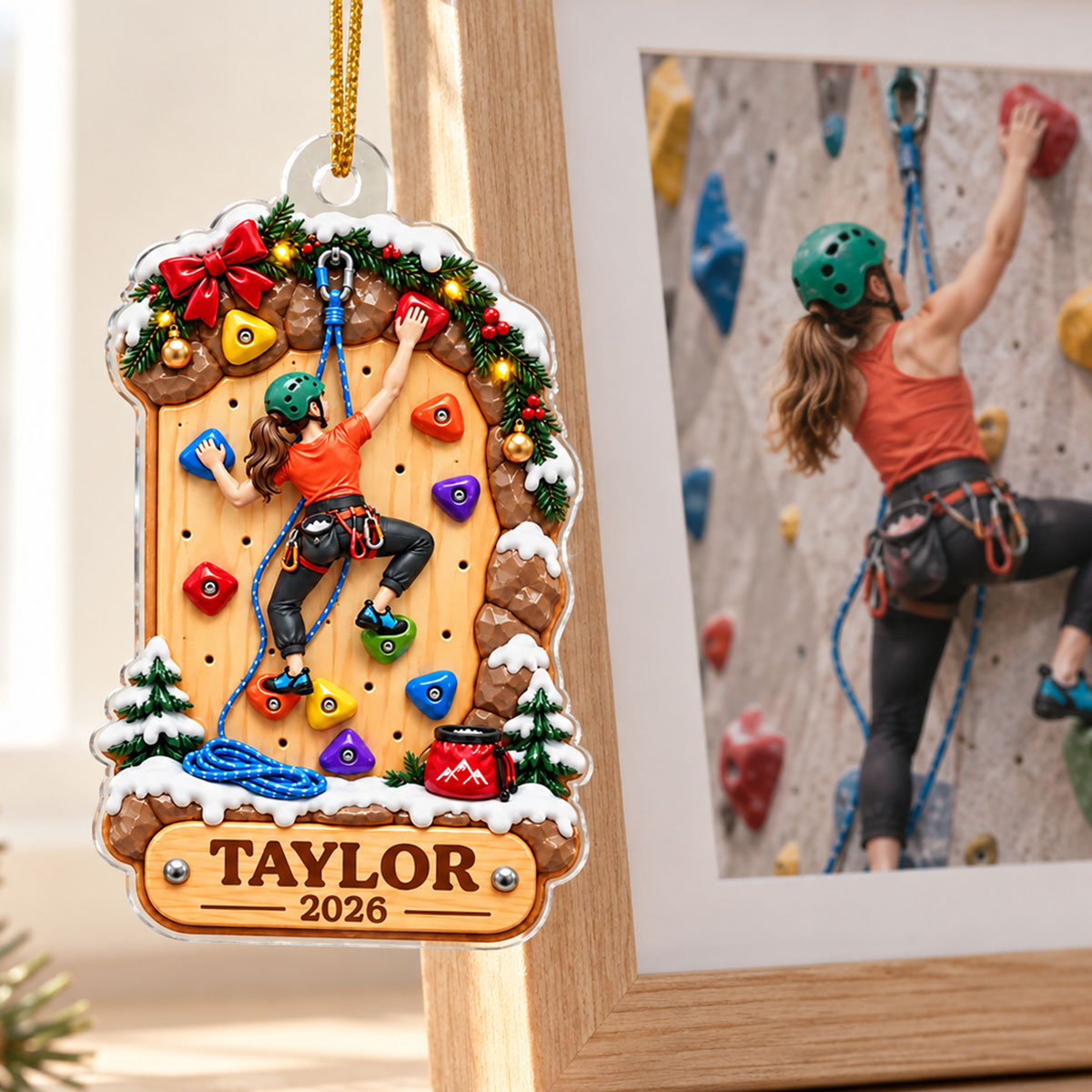 Personalized Rock Climbing Christmas Acrylic Ornament – Girl Or Boy Design | Custom Name Gift For Kids & Grandchildren