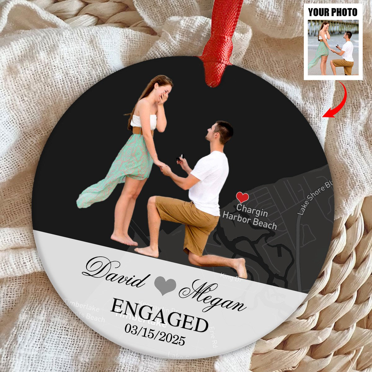 Engagement Ornament - Custom Map & Photo Gift Ceramic Ornament for Couple