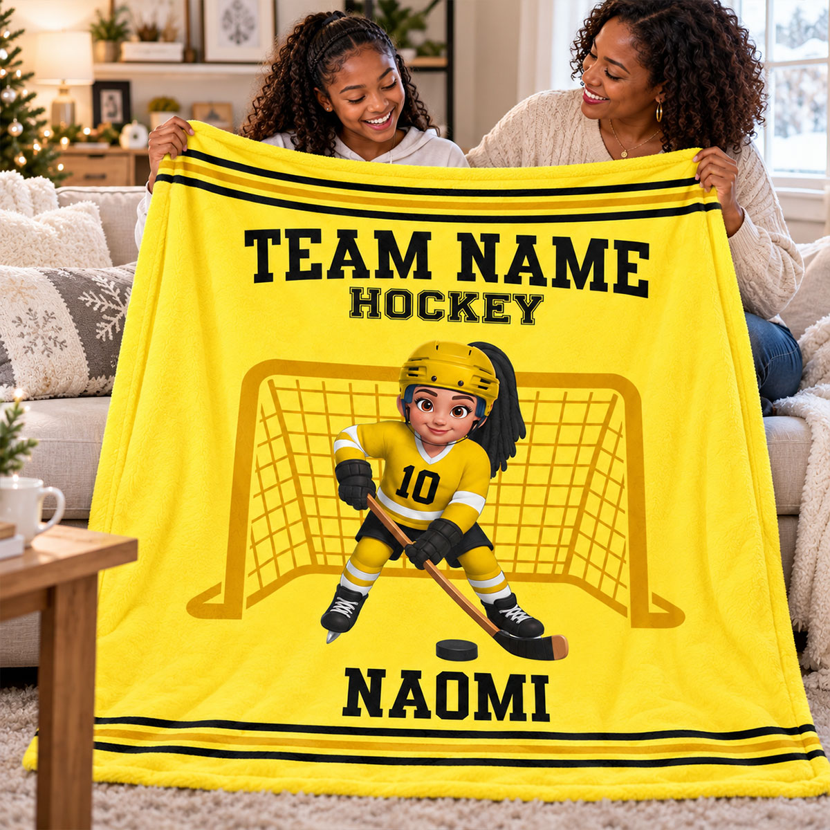 Custom Hockey Boy & Girl Name And Team Name Personalized Fleece Blanket – Christmas Gift For Hockey Players, Sons, Daughters, Grandsons & Granddaughters