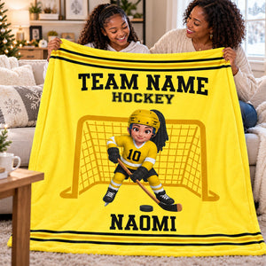 Custom Hockey Boy & Girl Name And Team Name Personalized Fleece Blanket – Christmas Gift For Hockey Players, Sons, Daughters, Grandsons & Granddaughters