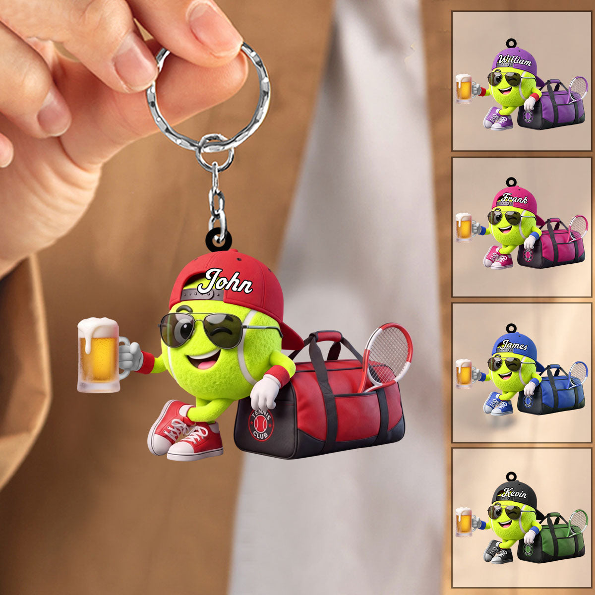 Cheers With Beer Tennis Keychain Personalized Cool Tennis Ball Mascot Keychain