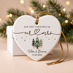 Personalized "Our First Christmas As Mr. & Mrs." Heart Ceramic Ornament – Custom Couple Names & Year | Minimalist Newlywed Keepsake