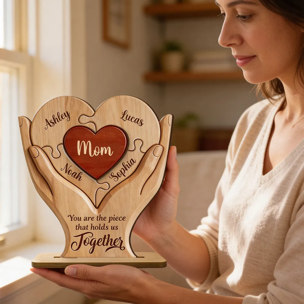 Personalized "Mom, the Piece That Holds Us Together" Wooden Plaque – Mother's Day Gift For Mom & Wife
