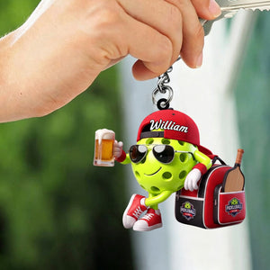 Post‑Game Beer Toast With Bag Design Keychain - Personalized Cool Pickleball Ball Mascot Keychain