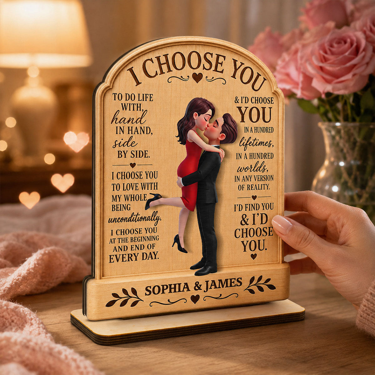 Personalized "I Choose You" Wooden Plaque – Couple Hugging Kissing Design | Anniversary Keepsake For Couples