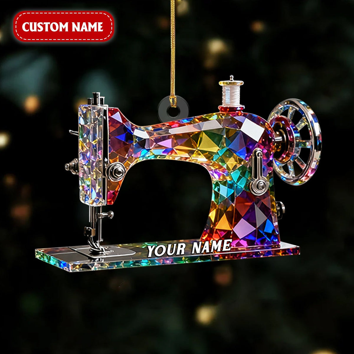 Stained Glass Effect Sewing Machine Custom Name Acrylic Ornament, Gift For A Tailor, Xmas Decor