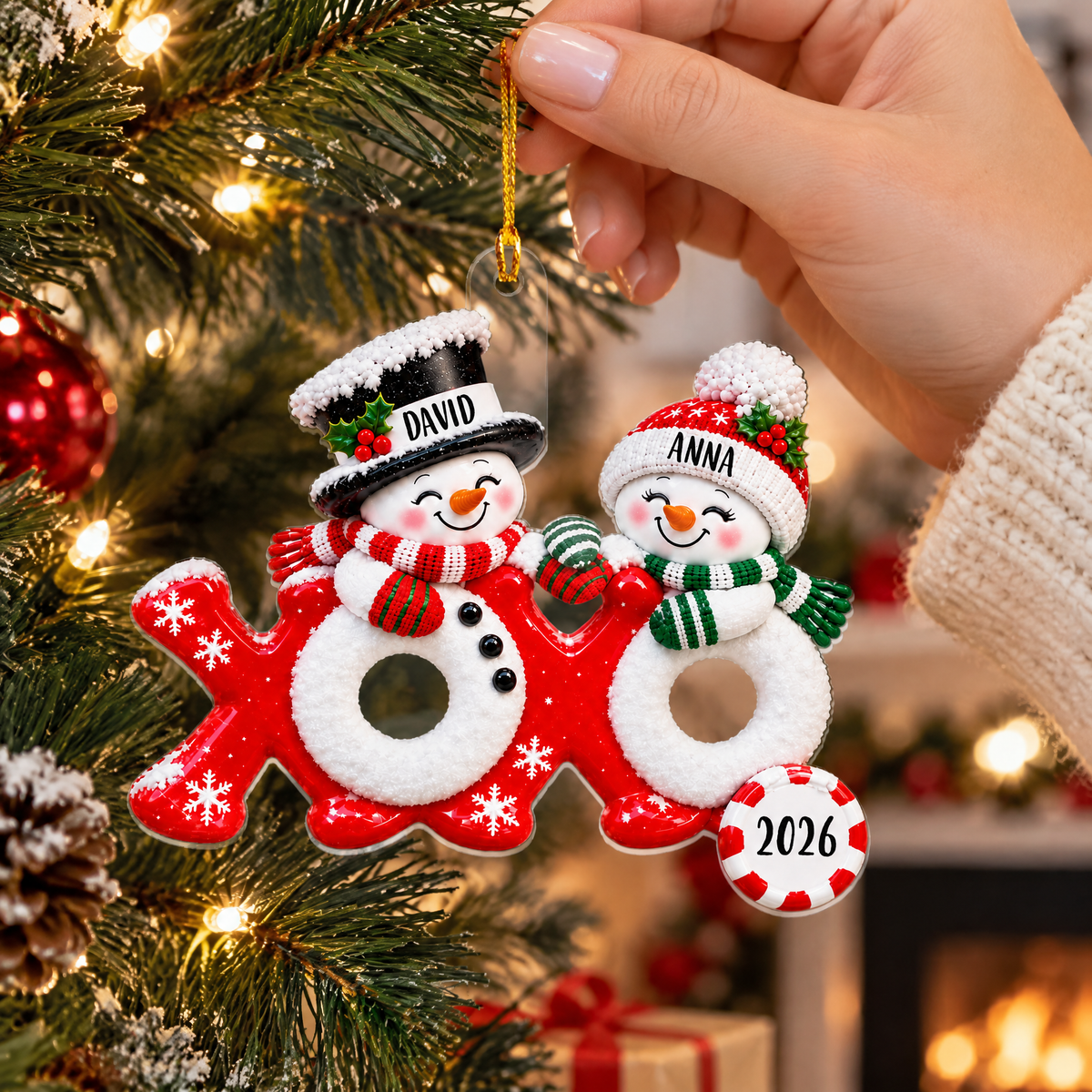 Personalized Snowman Couple XOXO Acrylic Ornament – Christmas Keepsake Gift For Couples