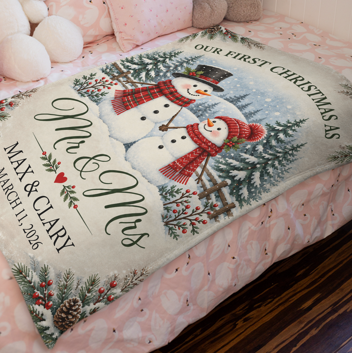 Snowman Couple First Christmas Personalized Blanket – Cozy Fireplace First Christmas Couple Keepsake