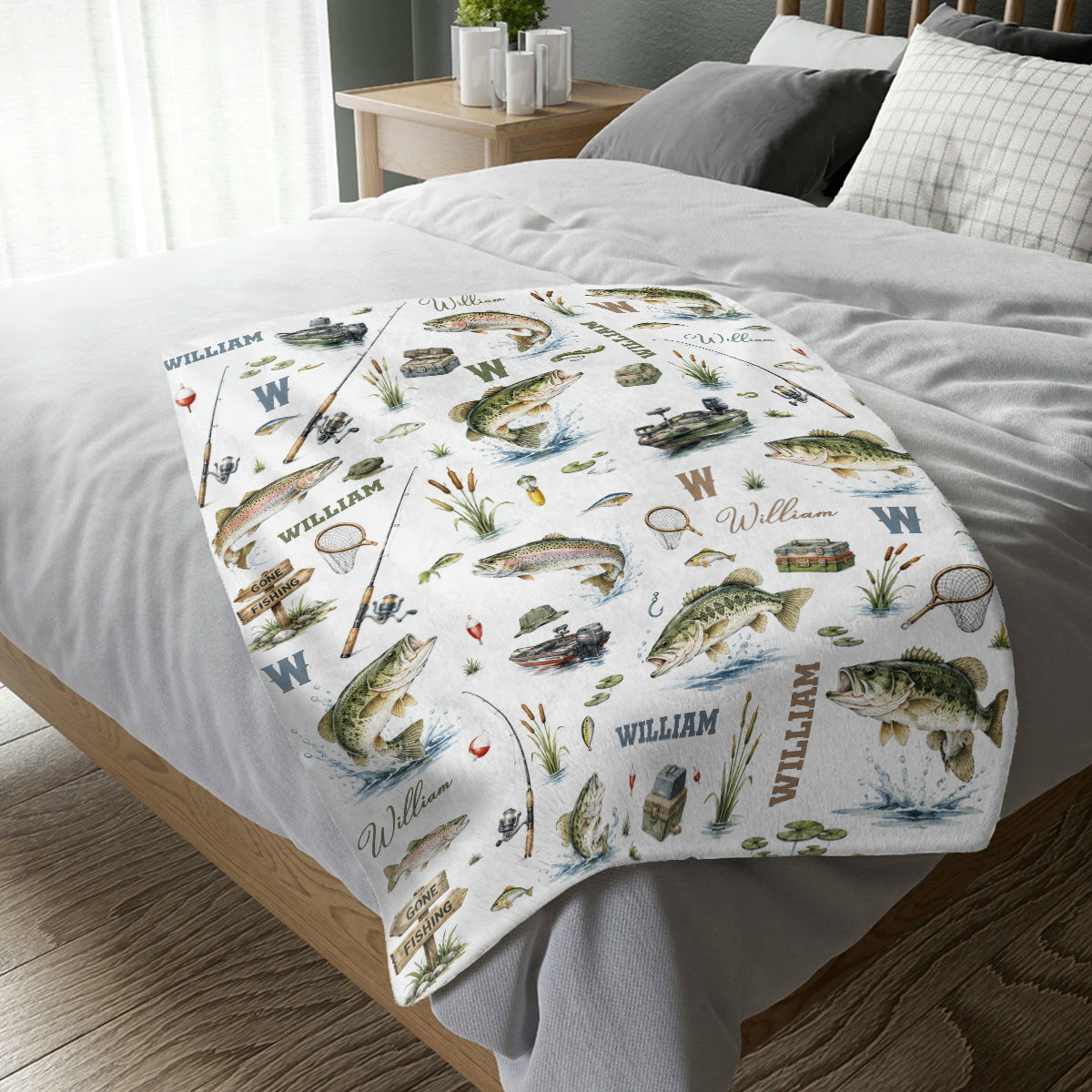 Personalized "Gone Fishing" Blanket – Custom Name Throw For Baby Boy & Toddler | Fish Nursery Decor