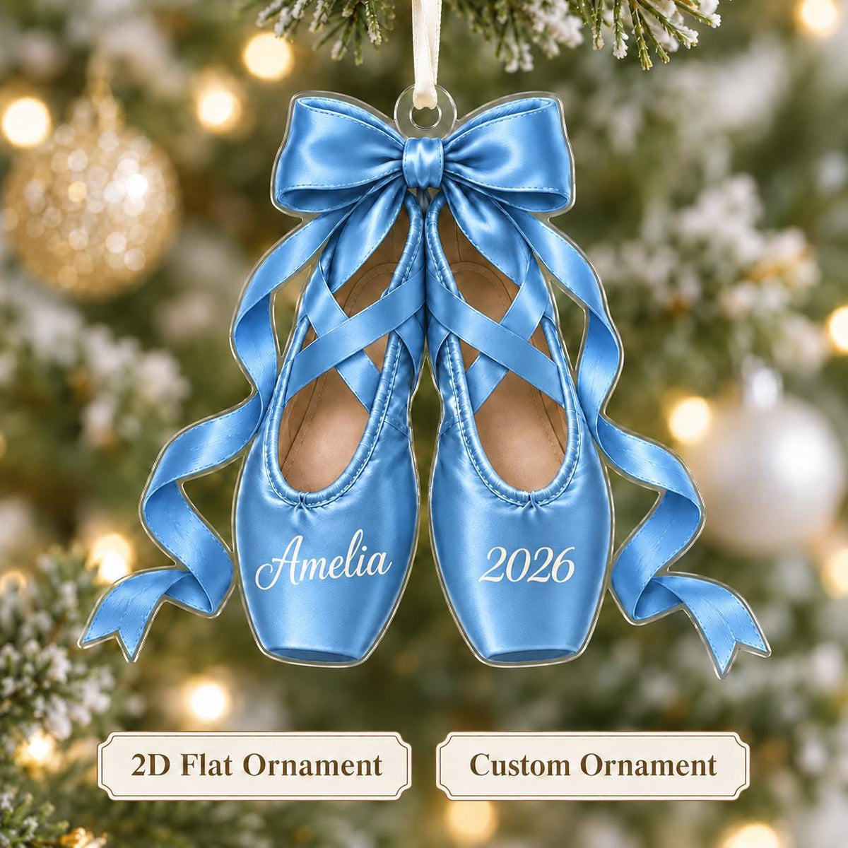 Personalized Ballet Pointe Shoes Christmas Ornament 2026 – Custom Name, Bow & Ribbon Acrylic Keepsake | Ballerina Recital Gift