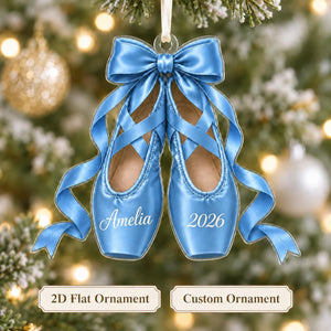 Personalized Ballet Pointe Shoes Christmas Ornament 2026 – Custom Name, Bow & Ribbon Acrylic Keepsake | Ballerina Recital Gift