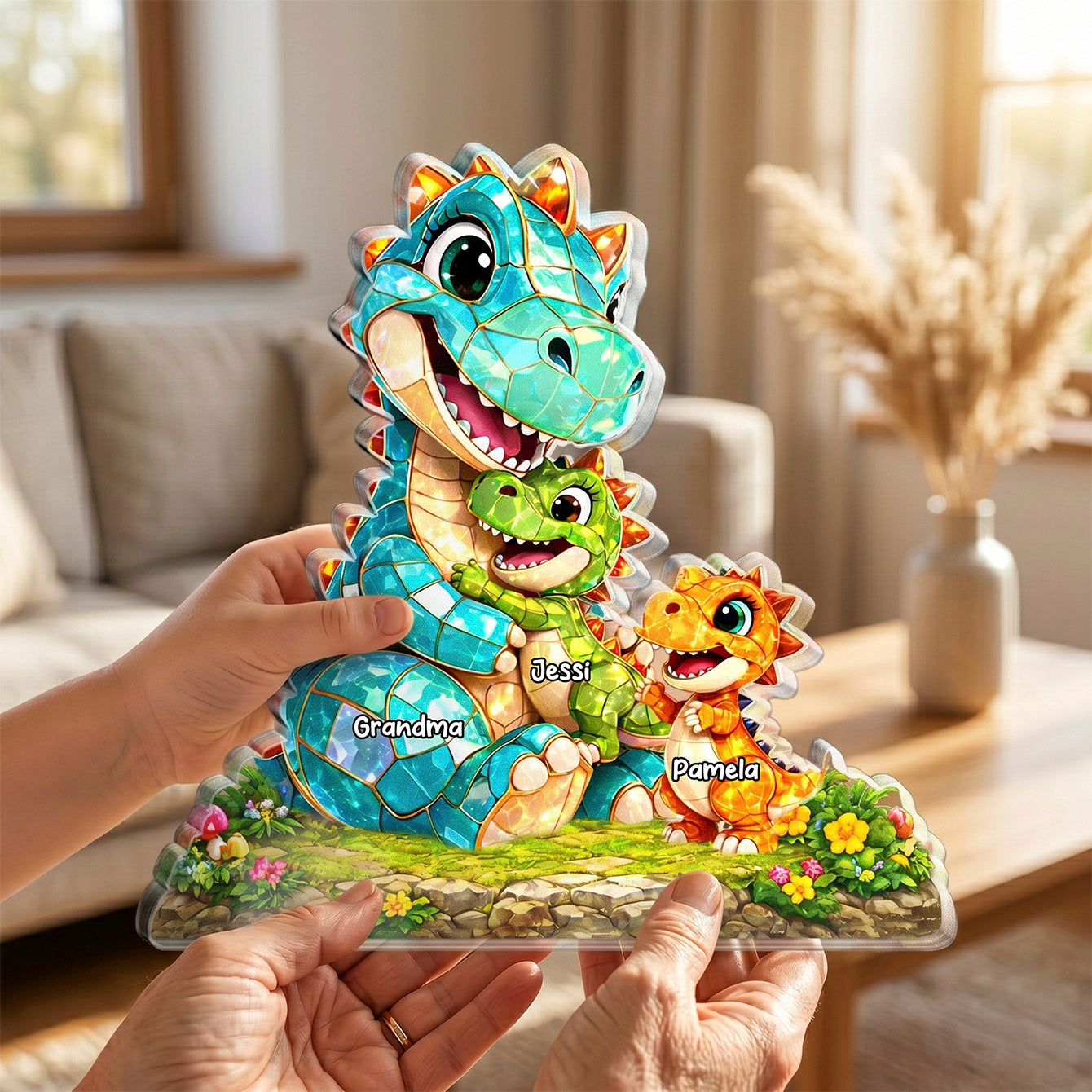 Family Keepsake Gift – Personalized "Happy Dino Family" Custom Shape Acrylic Plaque
