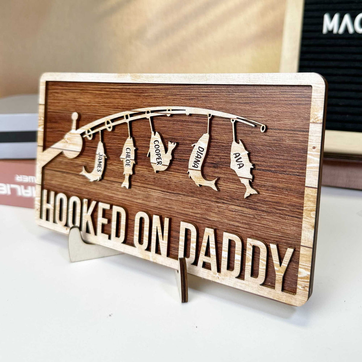 Personalized "Hooked On Papa" Wooden Plaque – 2-Layer Gift For Daddy