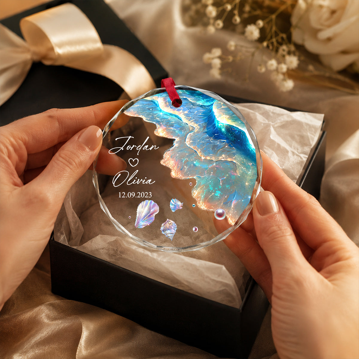 Personalized "Ocean Wave" Glass Ornament – Mermaid Tail Keepsake For Engagement & Wedding Gift