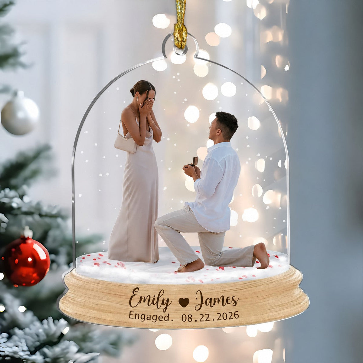 Personalized Engagement Photo Acrylic Ornament – Custom Names & Date Keepsake | Gift For Newly Engaged Couples