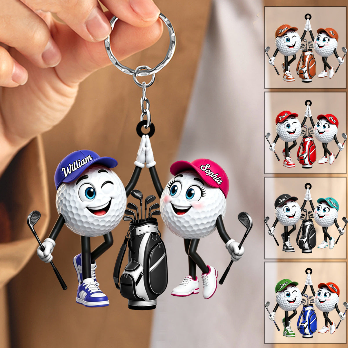 Cute High‑five Golf Couple Personalized Golf Ball Mascot Keychain