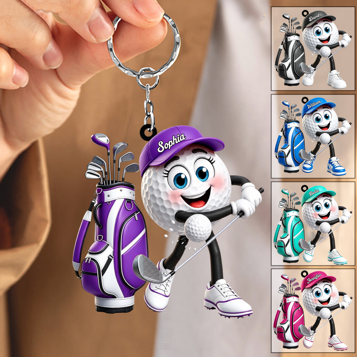 Energetic Swinging Personalized Golf Ball Mascot Keychain Gift for Male & Female Golfer