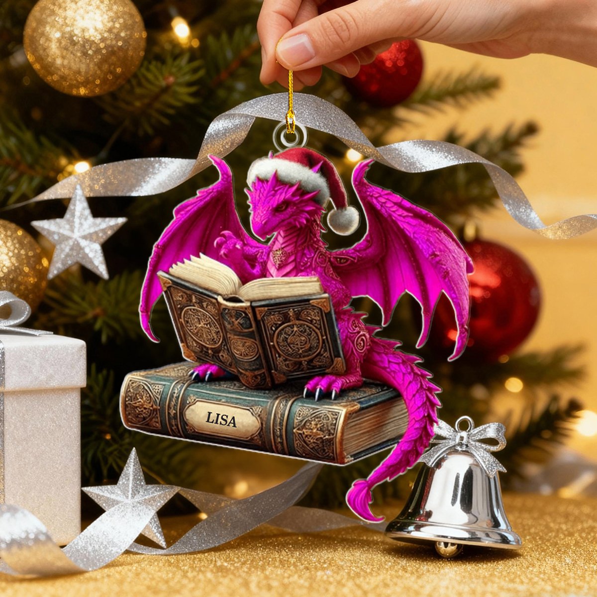 Dragon Reading Book Christmas Ornament, Personalized Ornament