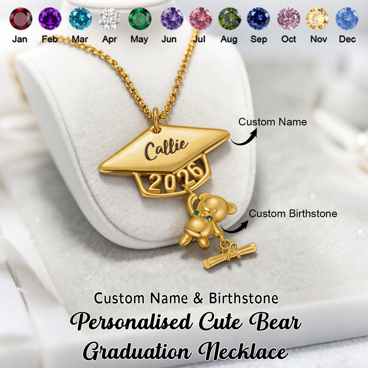 Class of 2026 Graduates Engraved Name and Birthstone Personalised Cute Bear Graduation Necklace