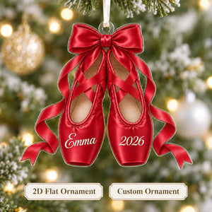 Personalized Ballet Pointe Shoes Christmas Ornament 2026 – Custom Name, Bow & Ribbon Acrylic Keepsake | Ballerina Recital Gift