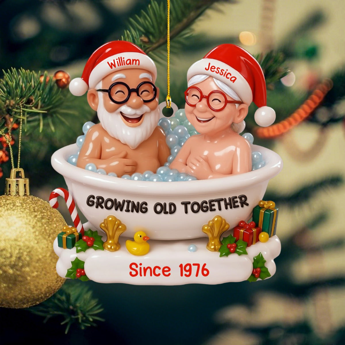 Growing Old Together With Santa Hats And bath,Custom Acrylic Ornament,Personalized Gift For Couples And Spouses