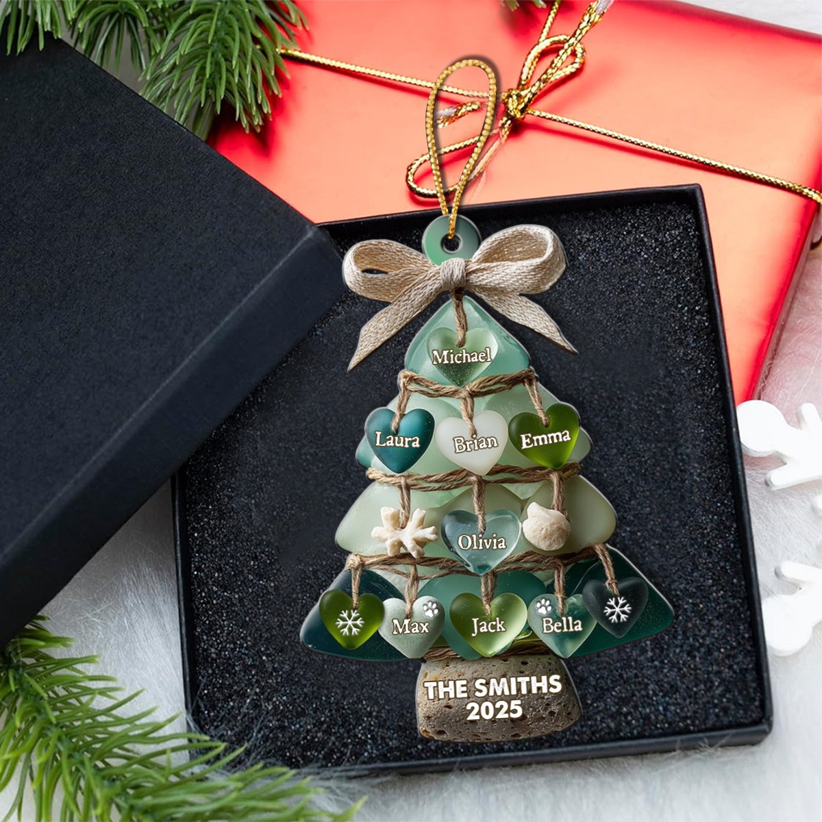 Sea Glass Family Pet Heart Christmas Tree - Personalized Acrylic Ornament