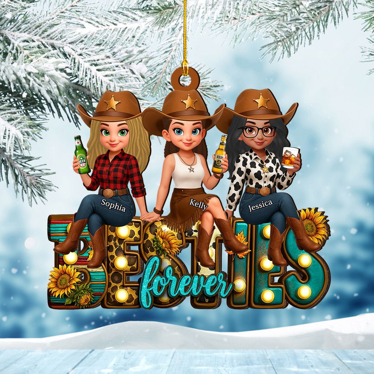 Western Fall Vibe Besties Personalized Wooden Ornament, Fall Gift for Best Friends