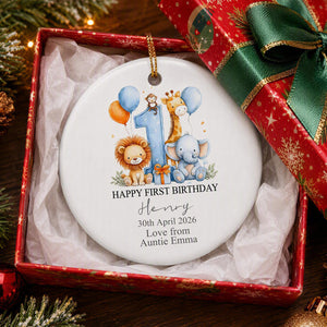 Happy First Birthday with Safari Animals Personalized Ceramic Ornament First Birthday Ornament Keepsake Gift with Safari Animals
