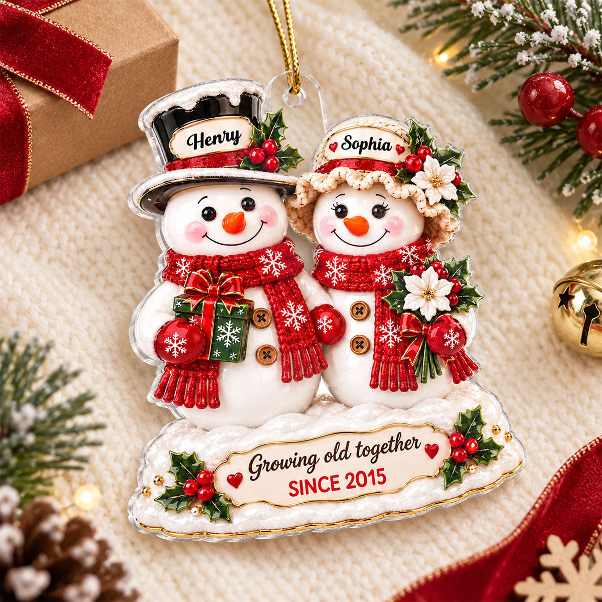 "Snowman Couple – Growing Old Together" – Personalized Acrylic Ornament | Christmas Keepsake For Him & Her