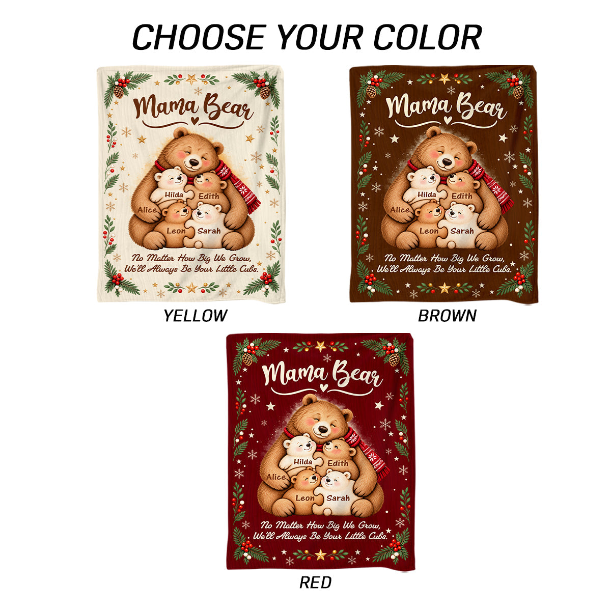Personalized Mama Bear Christmas Blanket – Custom Kids' Names Bear Family Fleece Blanket, Christmas Gift For Mom From Her Children