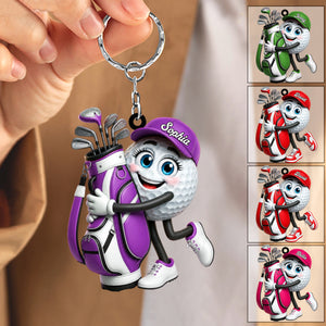 Hugging Golf Bag Funny Golf Ball Keychain - Personalized Golf Mascot Keychain Gift for Male & Female Golfer