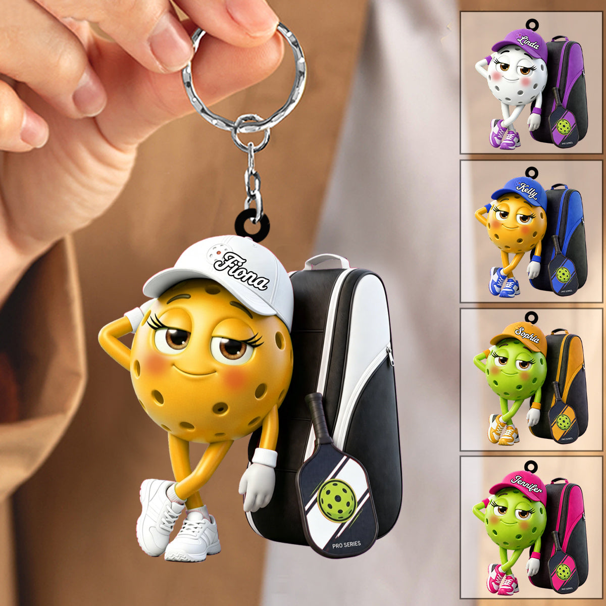 Cute Pickleball Girl Mascot With Sports Bag Keychain - Personalized Gift for Pickleball Lover