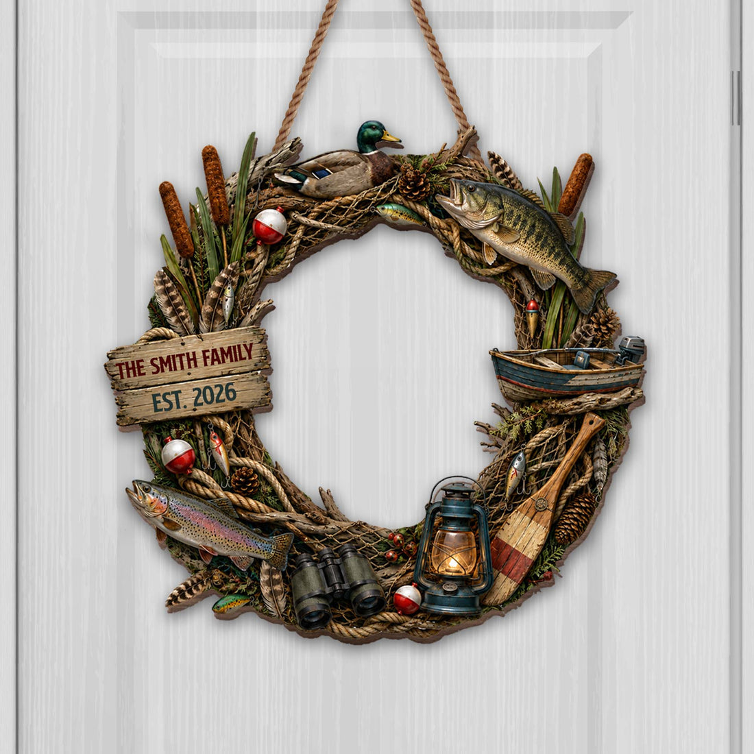 "Our Family Fishing" – Personalized Wood Sign Wreath | Gift For Fishing Lovers & Outdoorsmen