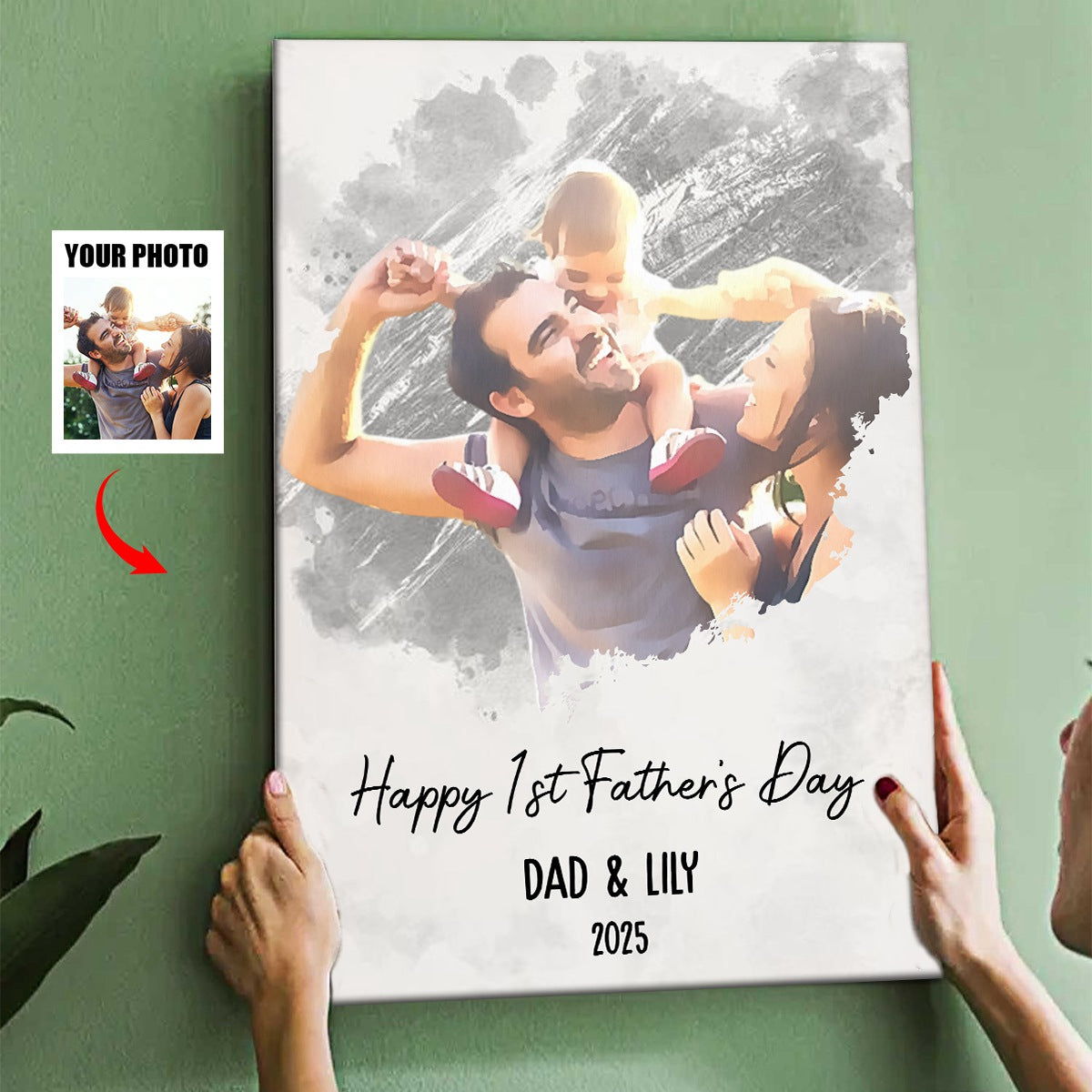 Happy 1st Father's Day - Watercolor Style Personalized Photo Poster/Canvas