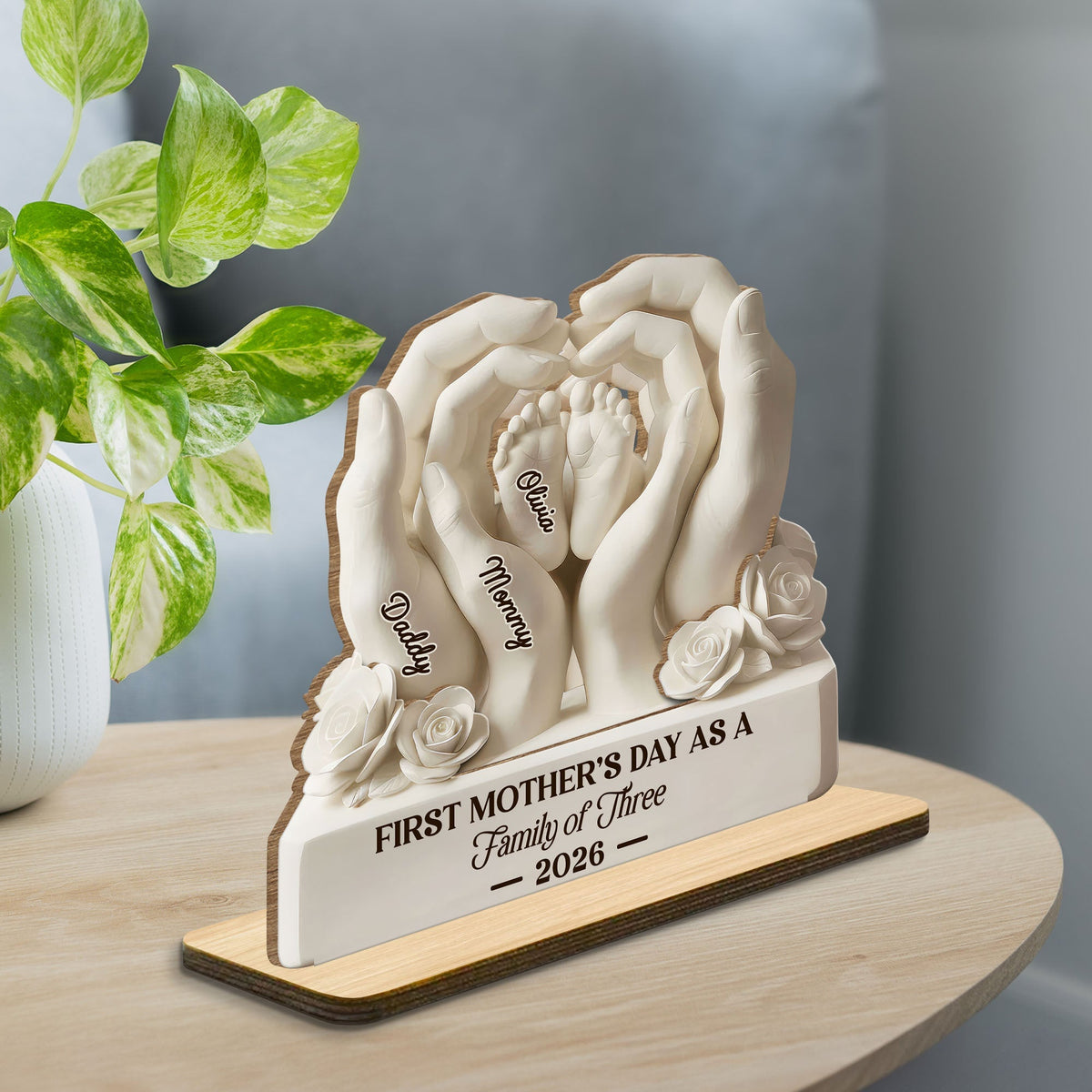 First Mother's Day As A Family Of Three, Personalized Custom 2-Layer Wood Plaque, Gift For Mom