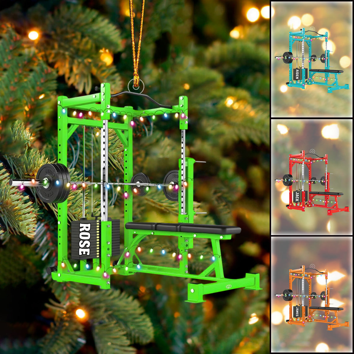 Personalized Bench Barbell & Dumbbell Christmas Ornament, Gym Training Weightlifting Fitness