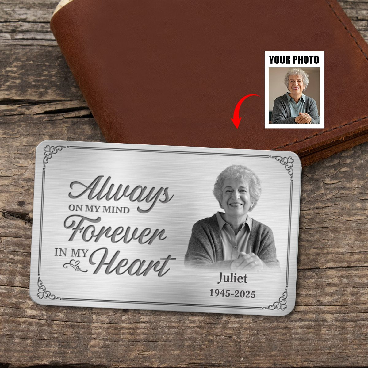 Always On My Mind Forever In My Heart - Custom Photo Memorial Personalized Aluminum Wallet Card, Sympathy Gift