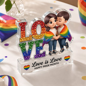 Pride Month Gift for LGBTQ+ Couple – Personalized "Love Is Love" Acrylic Block Plaque