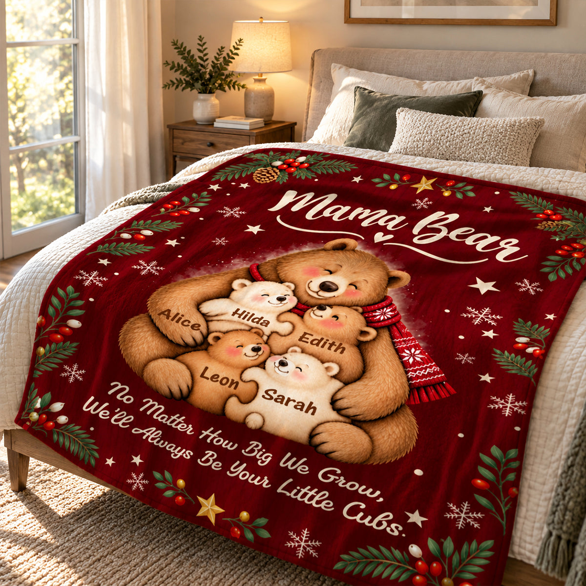 Personalized Mama Bear Christmas Blanket – Custom Kids' Names Bear Family Fleece Blanket, Christmas Gift For Mom From Her Children