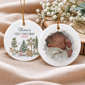 Baby’s First Christmas 2026 – Personalized Double-Sided Photo Ceramic Ornament | Custom Name Woodland Keepsake For New Parents & Grandparents