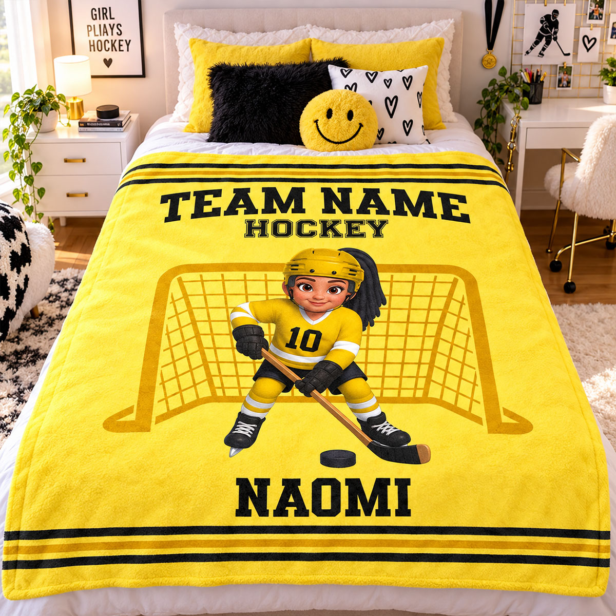 Custom Hockey Boy & Girl Name And Team Name Personalized Fleece Blanket – Christmas Gift For Hockey Players, Sons, Daughters, Grandsons & Granddaughters