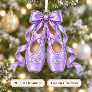 Personalized Ballet Pointe Shoes Christmas Ornament 2026 – Custom Name, Bow & Ribbon Acrylic Keepsake | Ballerina Recital Gift
