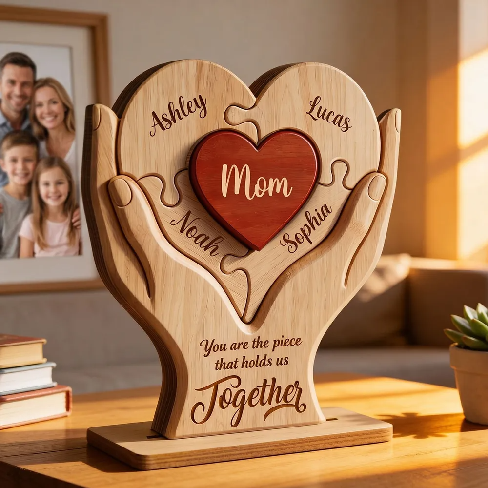 Personalized "Mom, the Piece That Holds Us Together" Wooden Plaque – Mother's Day Gift For Mom & Wife