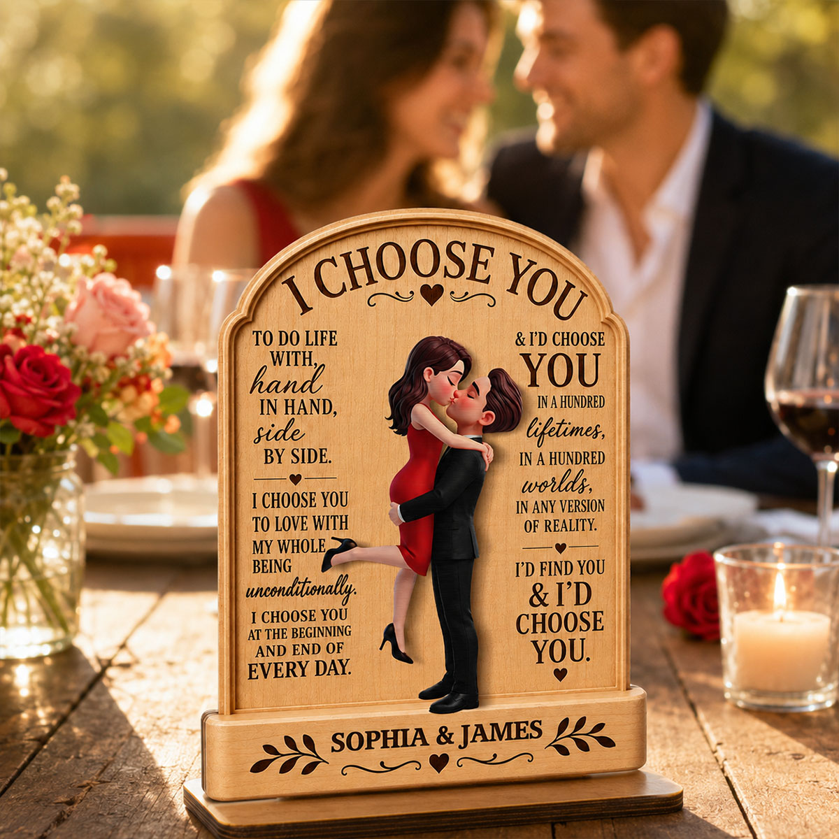 Personalized "I Choose You" Wooden Plaque – Couple Hugging Kissing Design | Anniversary Keepsake For Couples