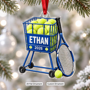 Personalized Tennis Ball Cart Christmas Ornament – Custom Name 2026 | Acrylic Keepsake Gift For Tennis Coach & Player