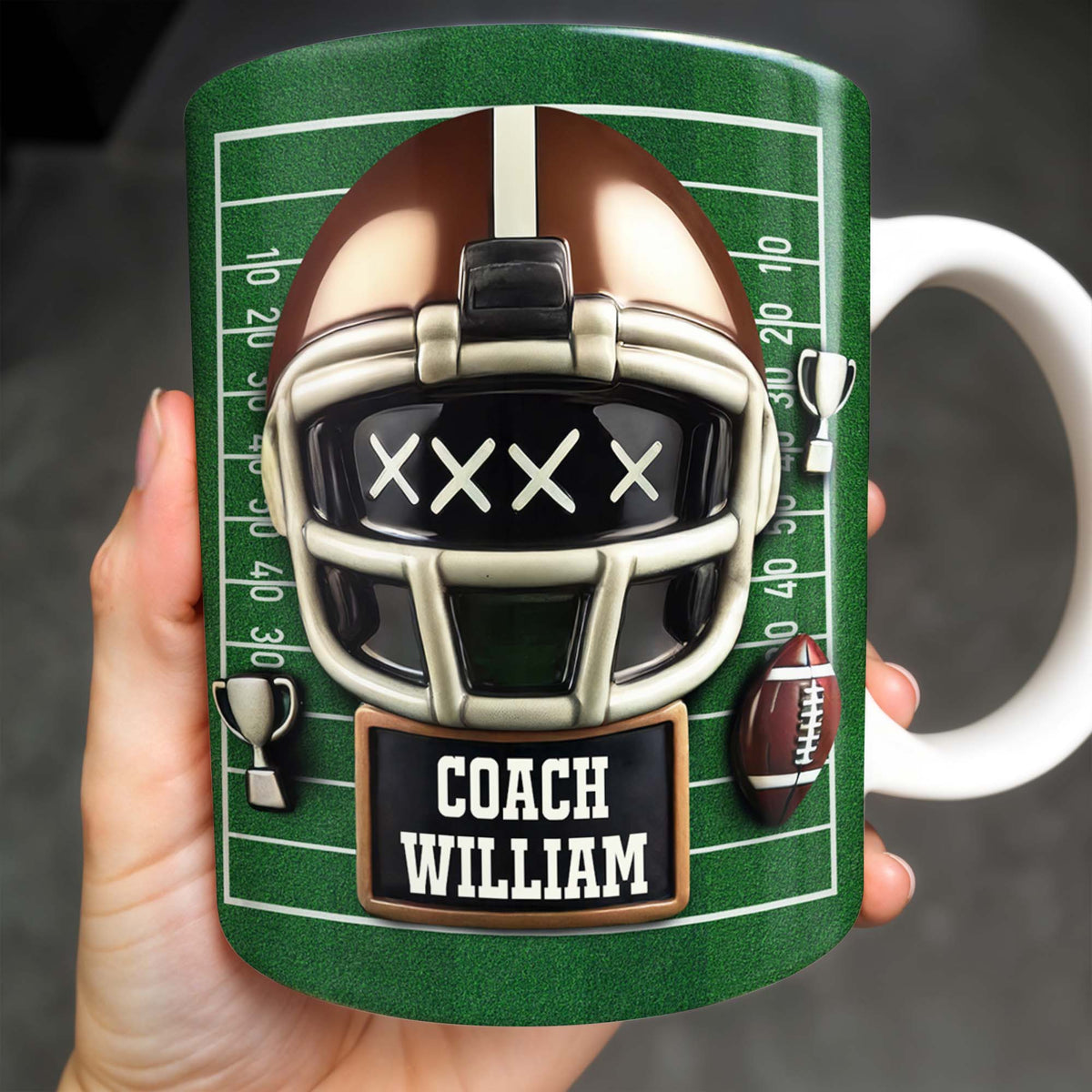 Football Helmet and Trophy, Personalized Coffee Mug, Gift For Coaches and Sports Fans