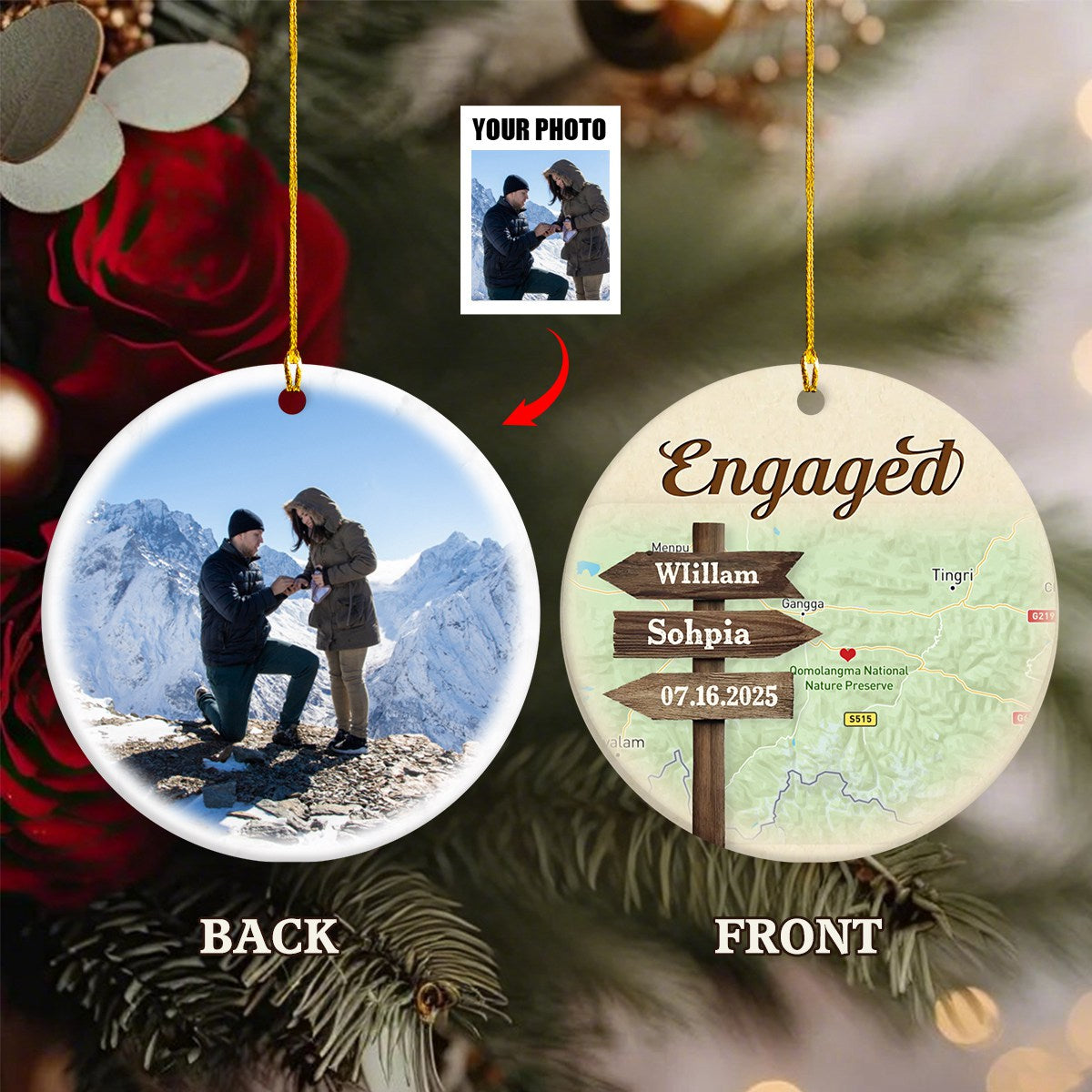 Personalized Signpost Location Map Engagement Ornament - Anniversary Gift For Couples